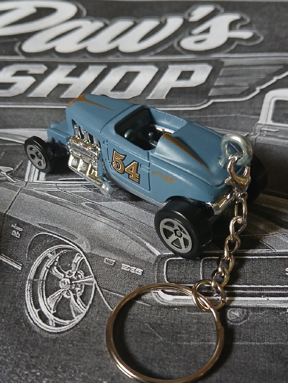 Max Steel Die-Cast Blue Hot Rod Keychain with Gold '54' Racing Decal